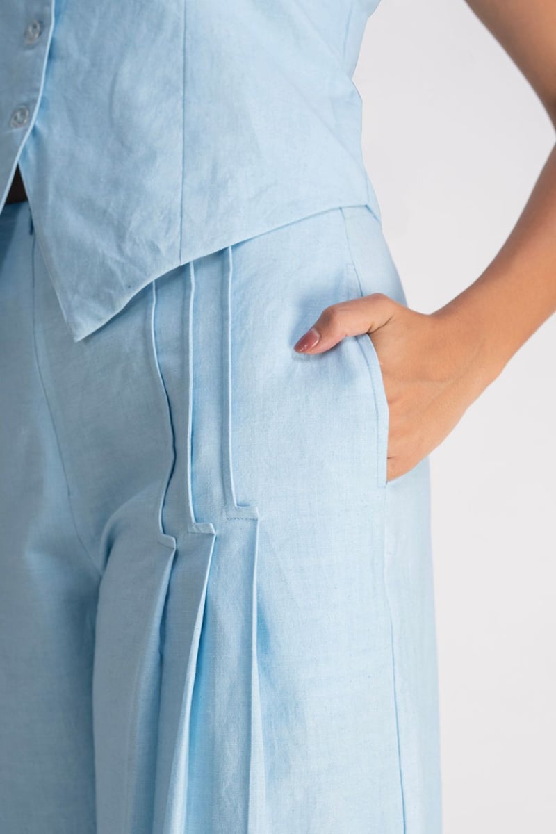 Blue Linen Waistcoat and Wide-Leg Pants Co-ord Set