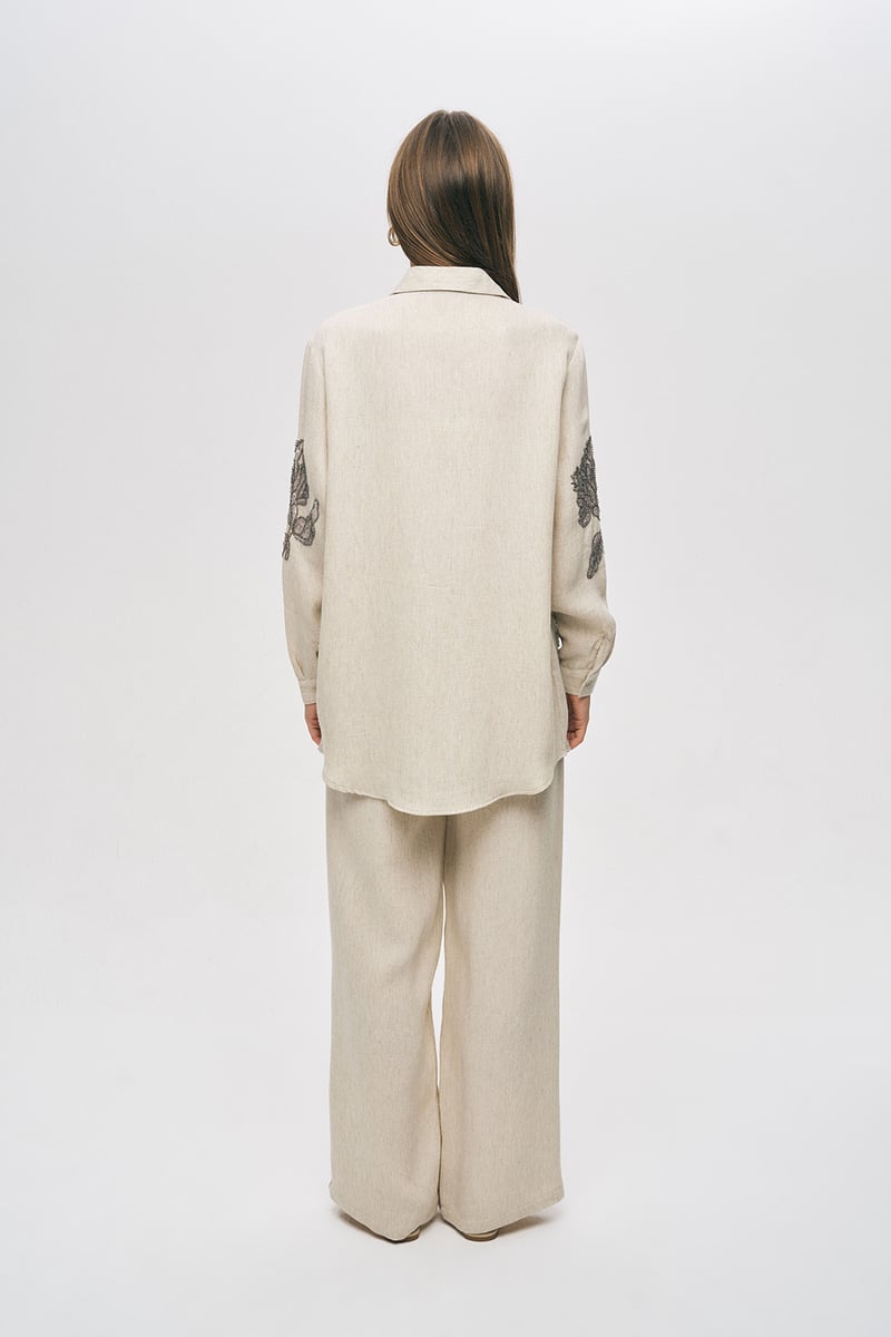 Cream Embellished Shirt and Wide-Leg Pants Co-ord Set