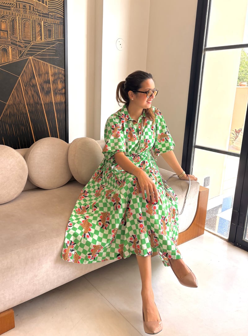 Green Checked Printed Cotton Fit and Flare Midi Shirt Dress