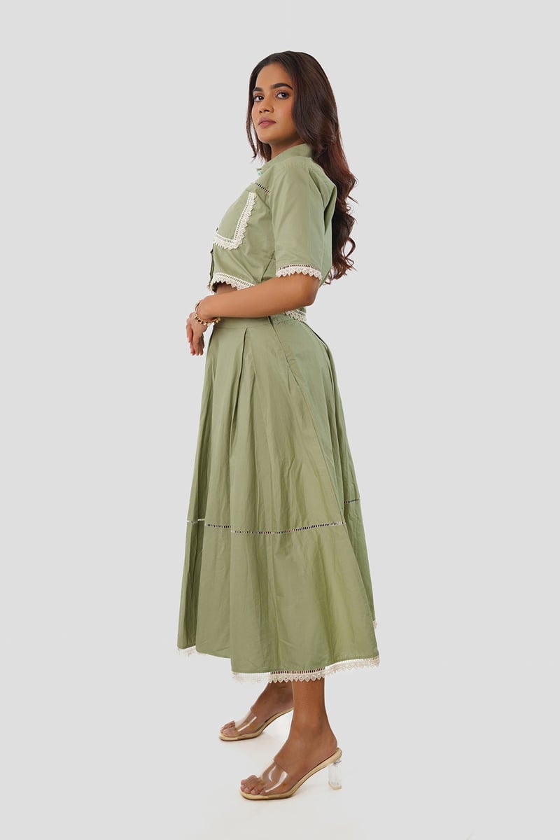 Mint Green Cotton Shirt and Flared Midi Skirt Co-ord Set