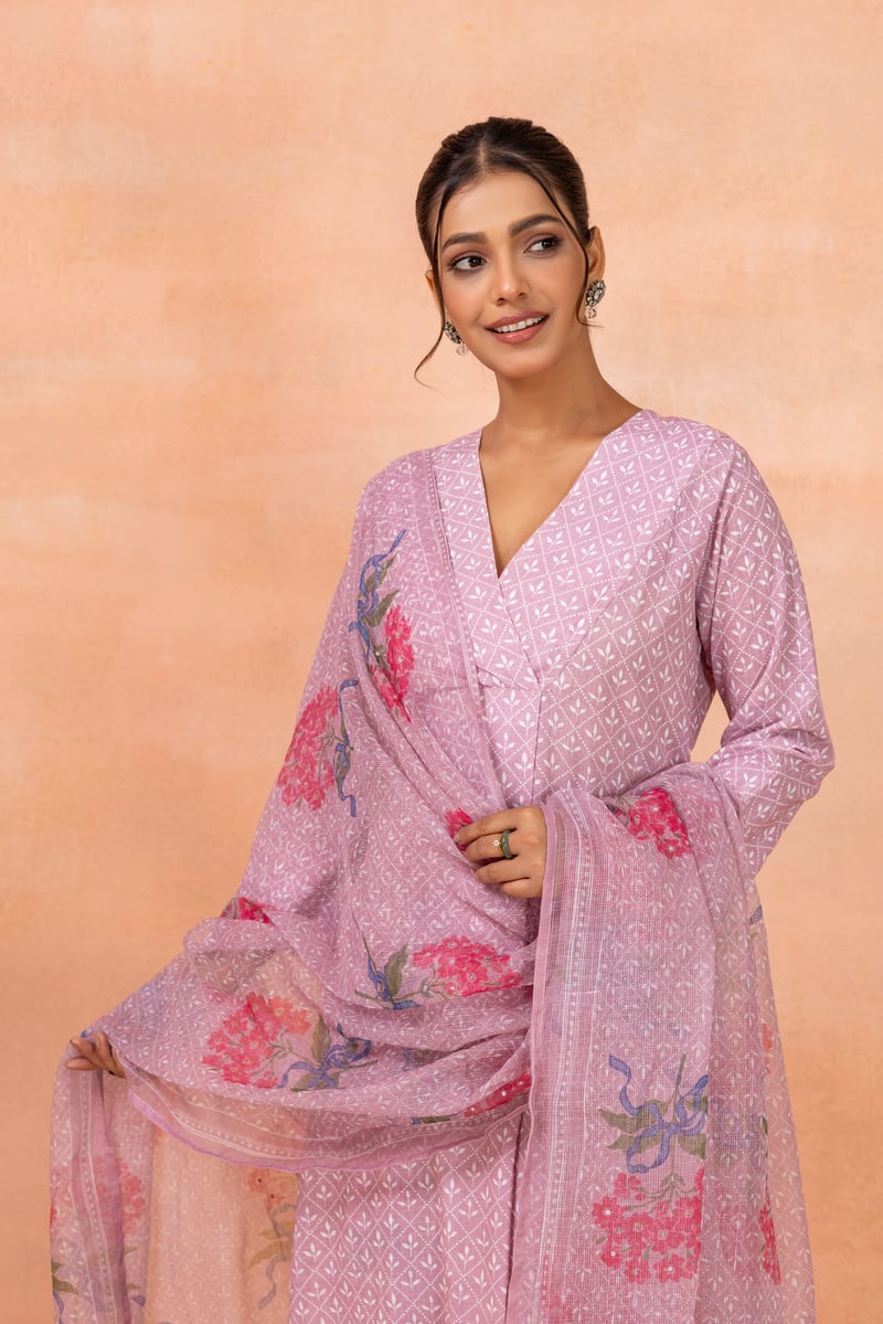 Pink Printed A-Line Cotton Kurta Set with Dupatta