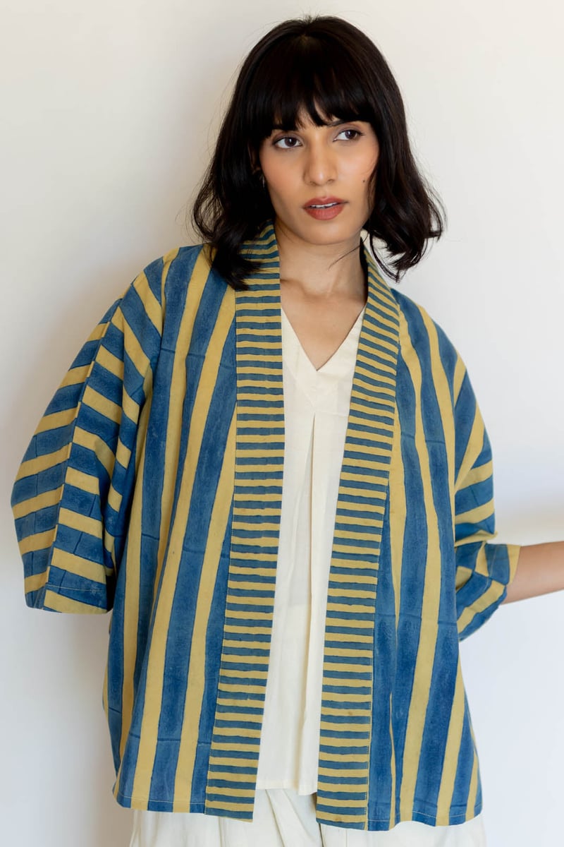 Mustard and Blue Striped Cotton Cape Shrug