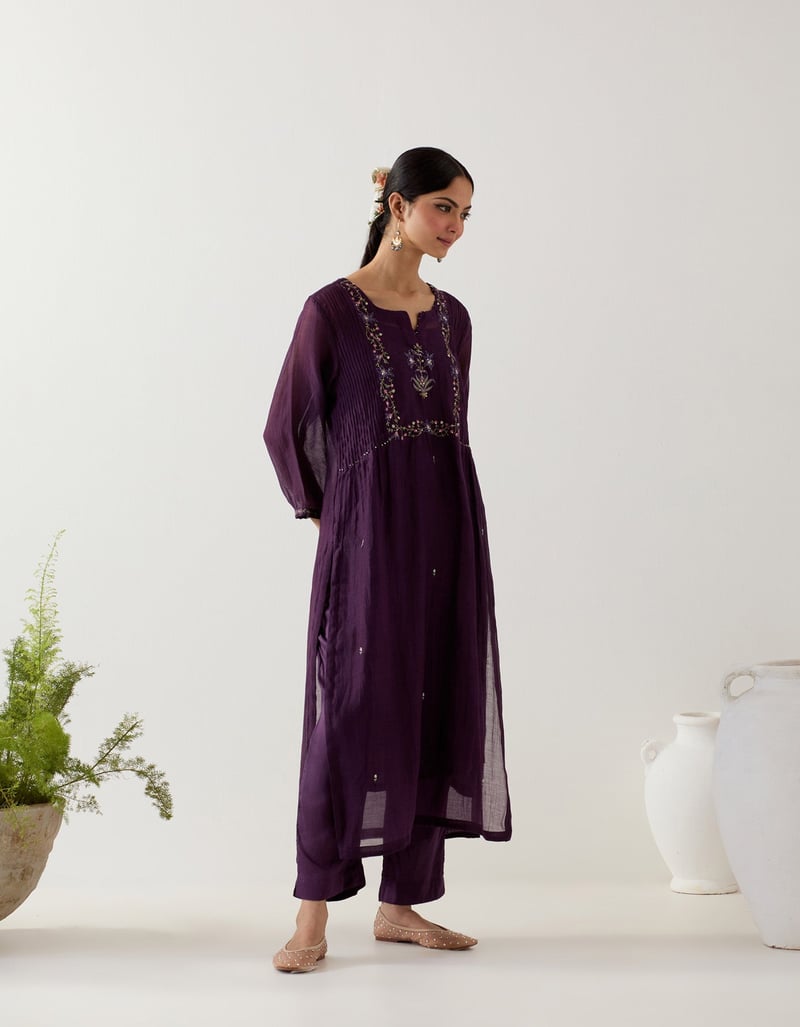 Deep Purple Chanderi Silk Embroidered Kurta Set with Slip