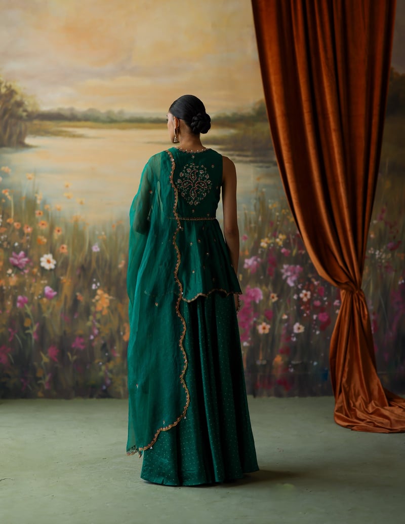 Emerald Green Embroidered Peplum Sharara Set with Dupatta