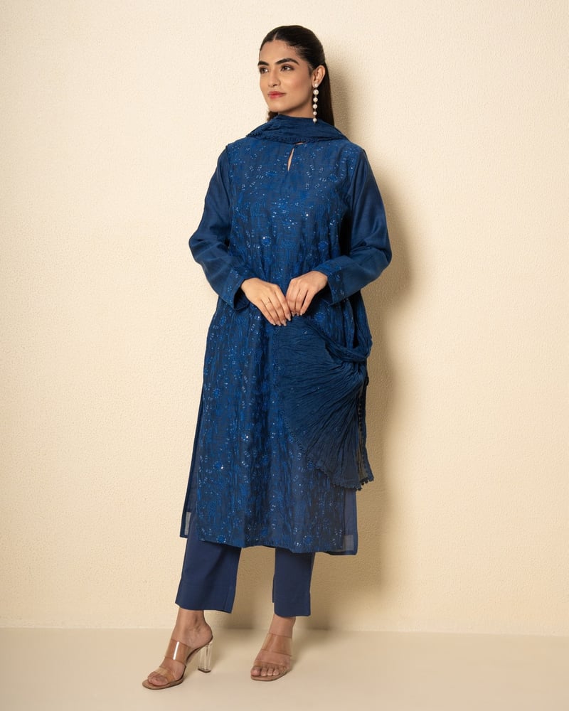 Cobalt Bloom Chanderi Blue Floral Embroidered Suit Set (Set Of 3)