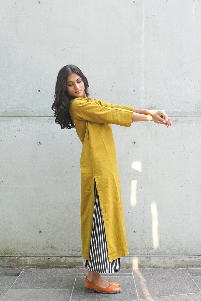 Mustard Kurta and Striped Culottes Cotton Co-ord Set