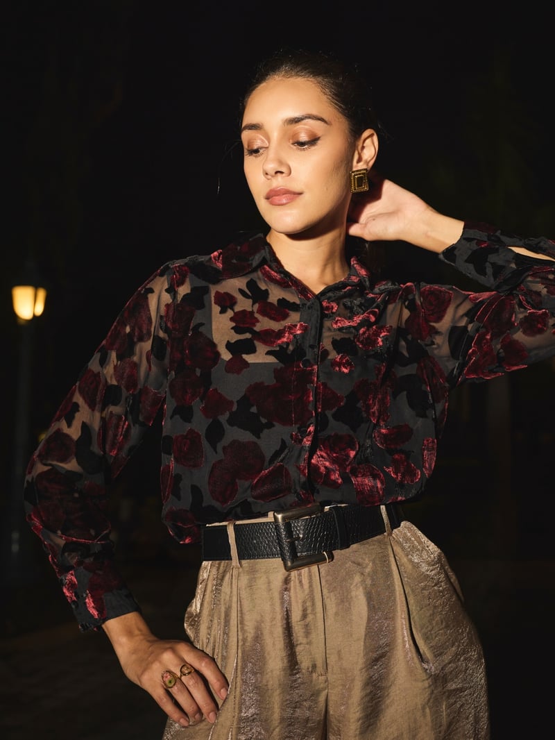 Black Sheer Mesh Shirt with Velvet Floral Overlay