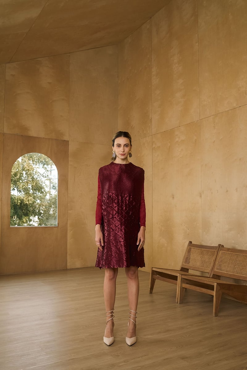Maroon Textured Shift Knee-Length Dress with Full Sleeves — Pleats by Aruni