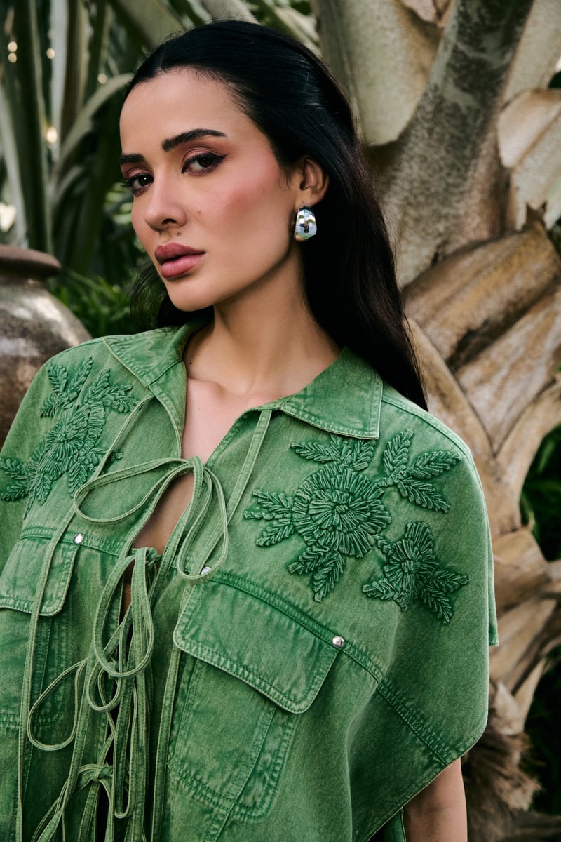 Green Denim Embroidered Tie-Up Co-ord Set