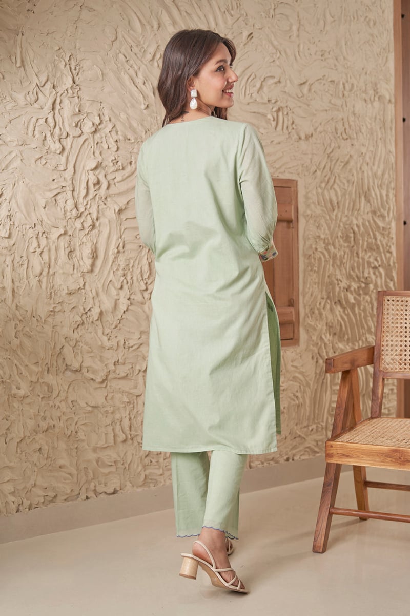 Mint Green Mul Mul Embroidered Kurta Set With Dupatta
