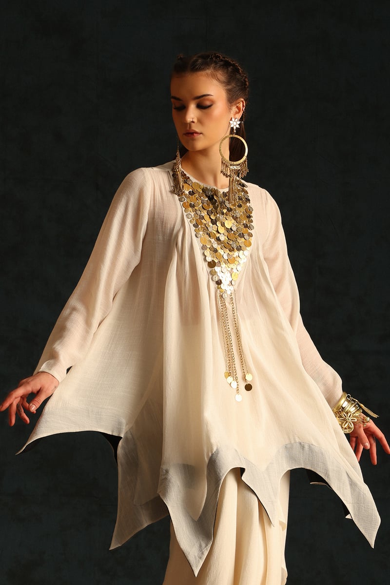 Off-White Coin-Embellished Co-ord Set with Draped Maxi Skirt