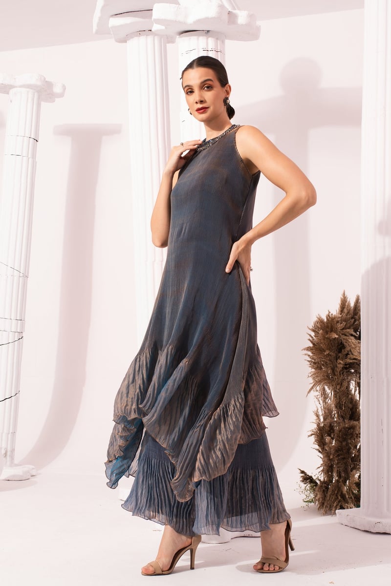 Steel Blue Metallic High Neck Kurta Sharara Set