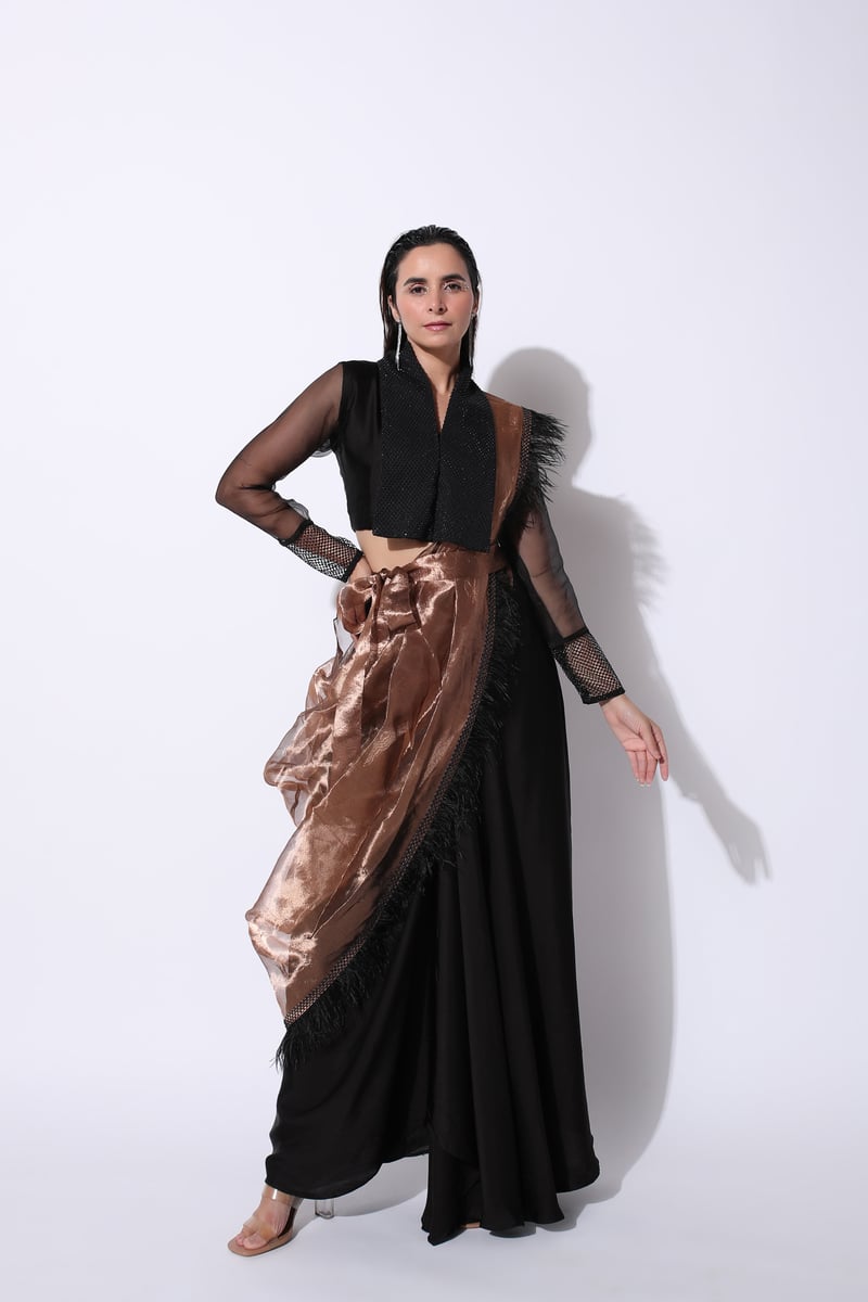 Black Pre-Draped Saree Set with Copper Tissue Drape