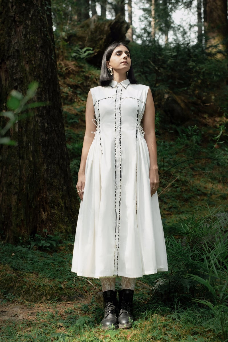 White Midi Shirt Dress with Contrast Piping and Side Tie — White Saturn