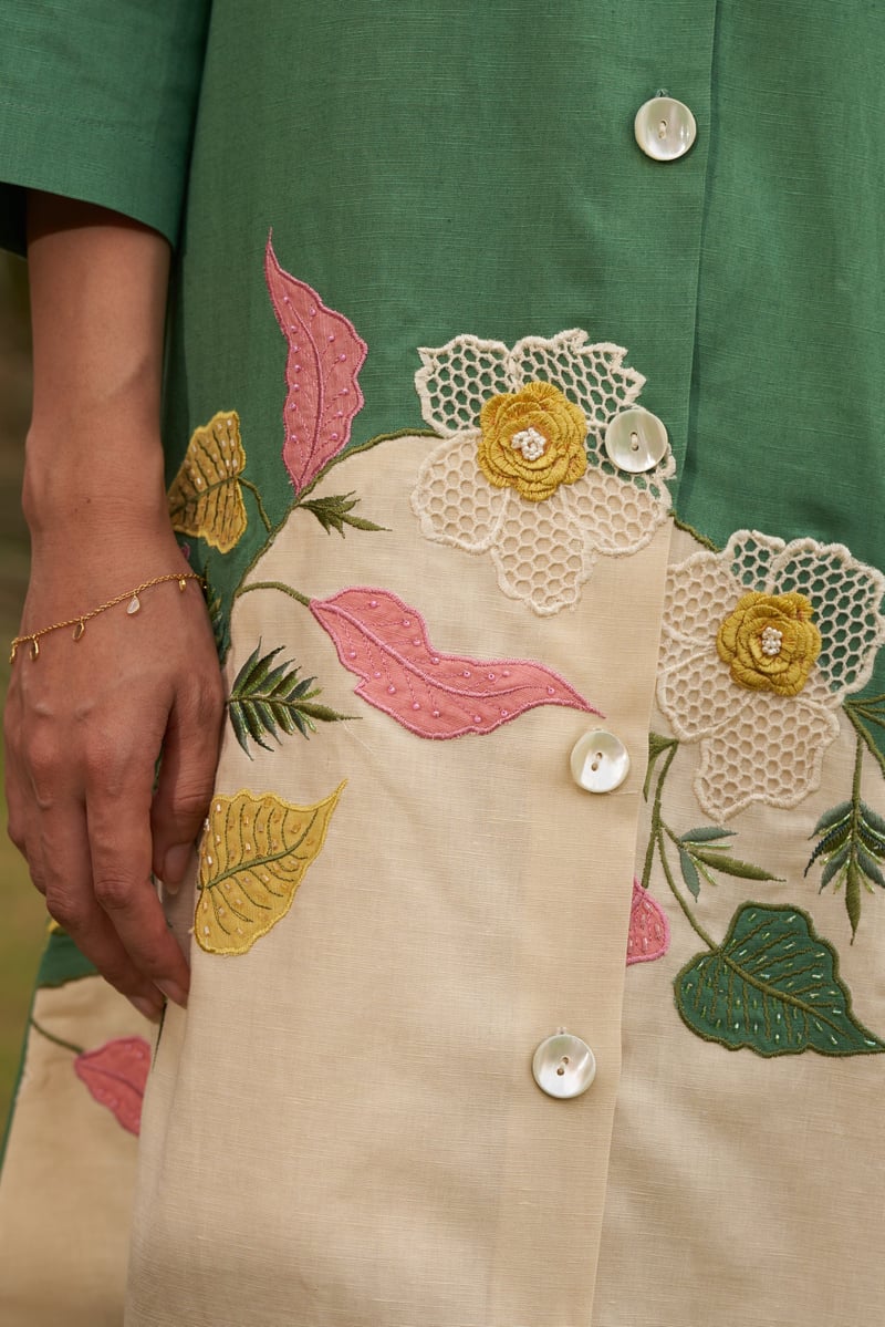 Green Two-Tone Midi Shirt Dress with Applique Detail