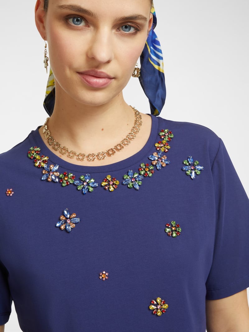 Blue Embellished Round-Neck Cotton Jersey T-Shirt