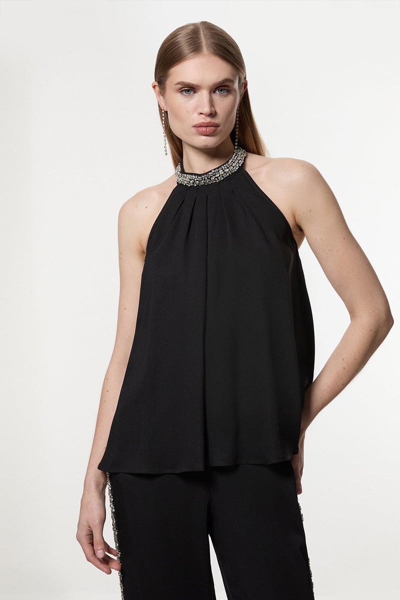Black Embellished Halter Neck Tie-Back Blouse