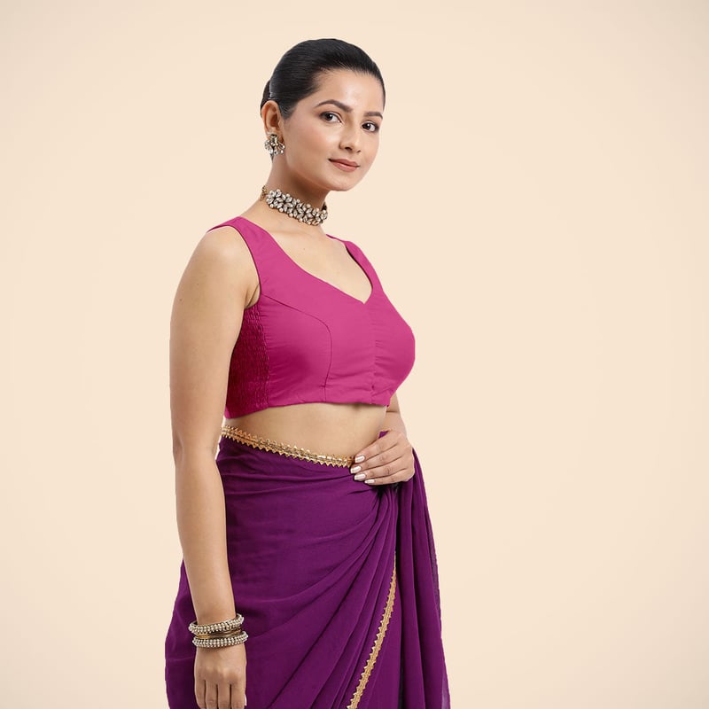 Hot Pink Sleeveless Saree Blouse with Curved V-Neck