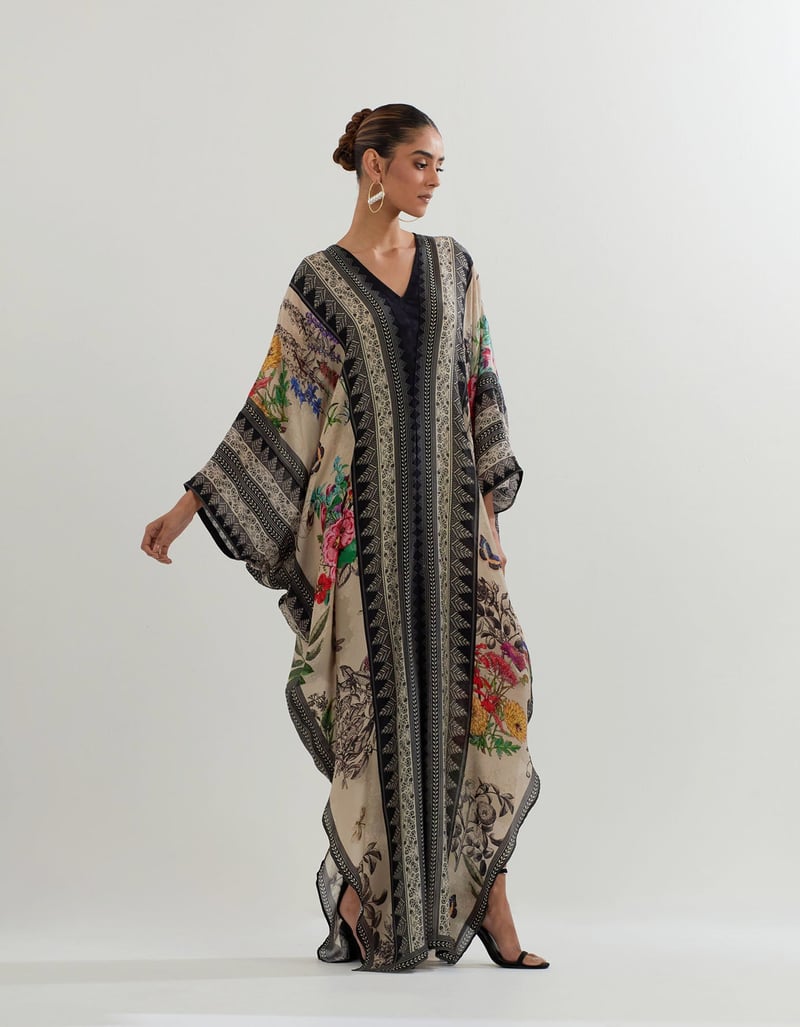 Beige Botanical Print Modal Silk Maxi Kaftan