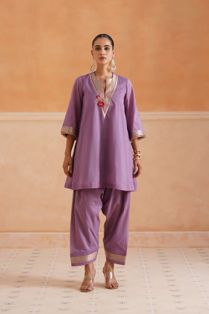 Lavender Chanderi Embroidered 3-Piece Kurta Set