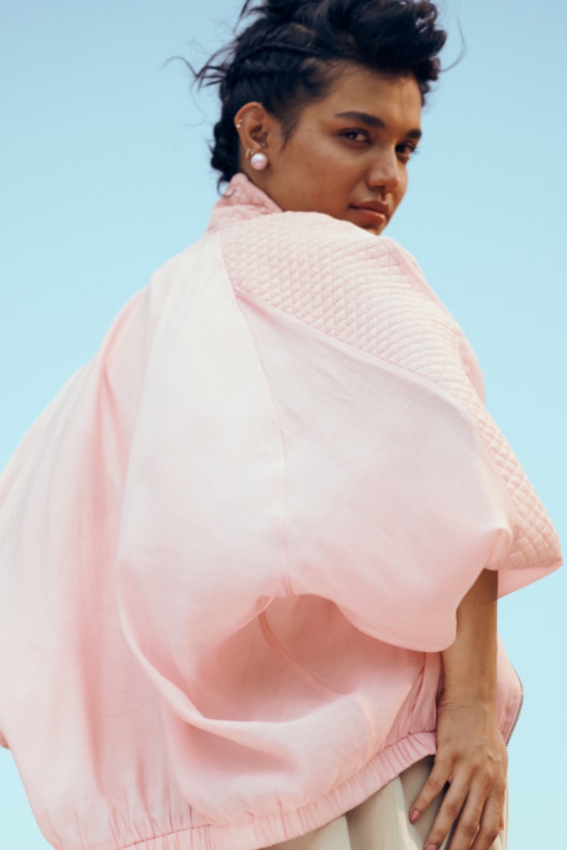 Blush Pink Sheer Bomber Jacket with Quilted Detail