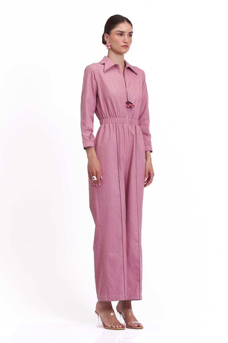 Rosewood Cotton Denim Zip-Front Relaxed-Fit Jumpsuit