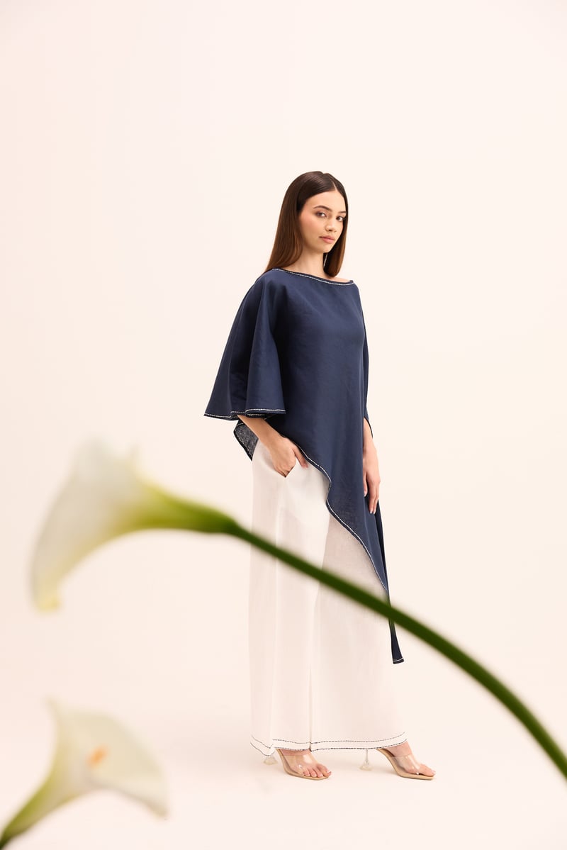 Blue Cape Top and White Linen Pants Co-ord Set
