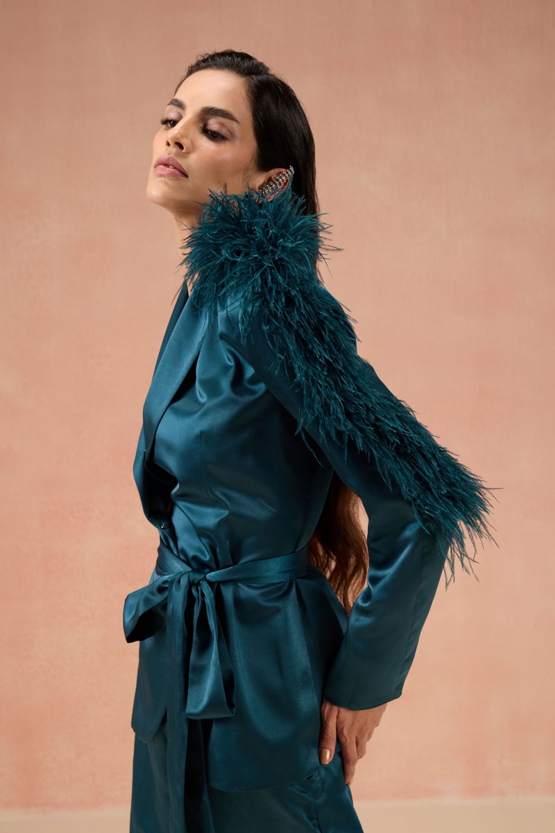 Teal Feather Blazer Set