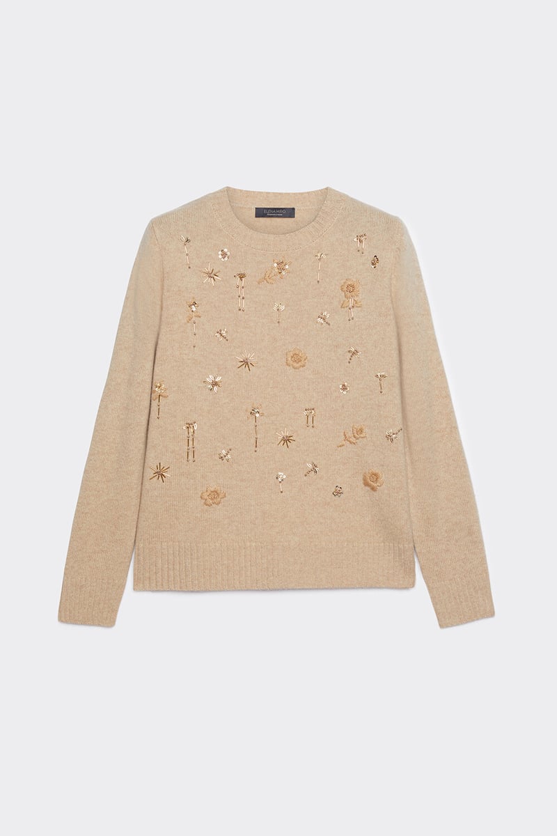 Beige Wool Embroidered and Embellished Pullover Sweater — ELENA MIRO