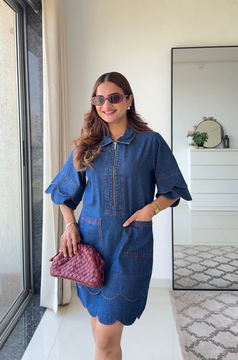 Blue Denim Shirt Dress with Zip Front and Scalloped Hem