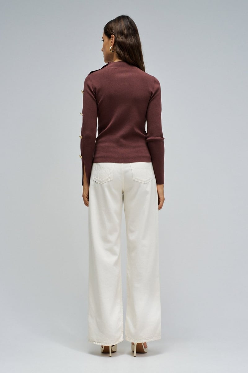 Medium Brown Rib-Knit High Neck Sweater with Button Detail