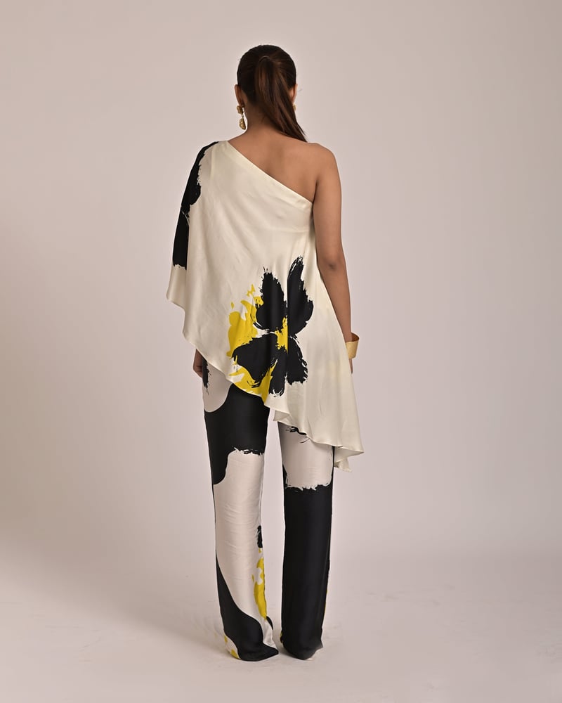 Ivory One-Shoulder Modal Satin Printed Long Top