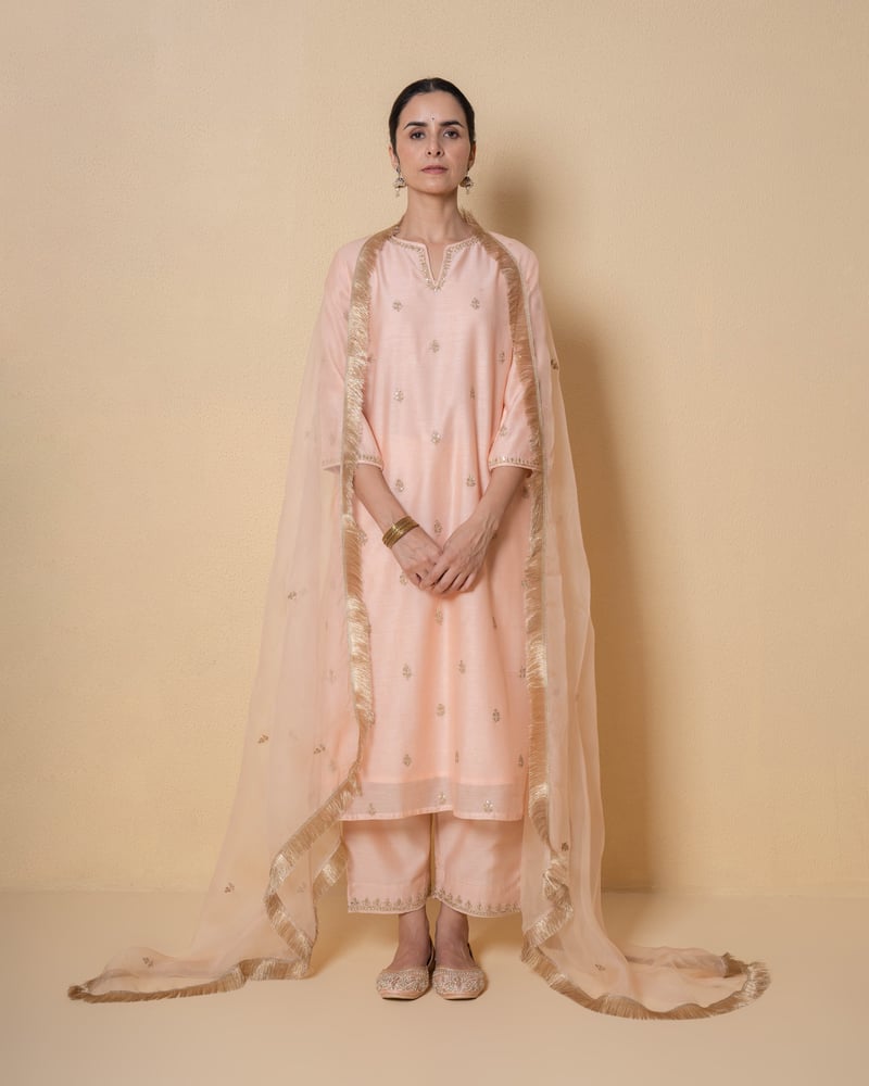 Light Salmon Marori Work Chanderi Suit Set