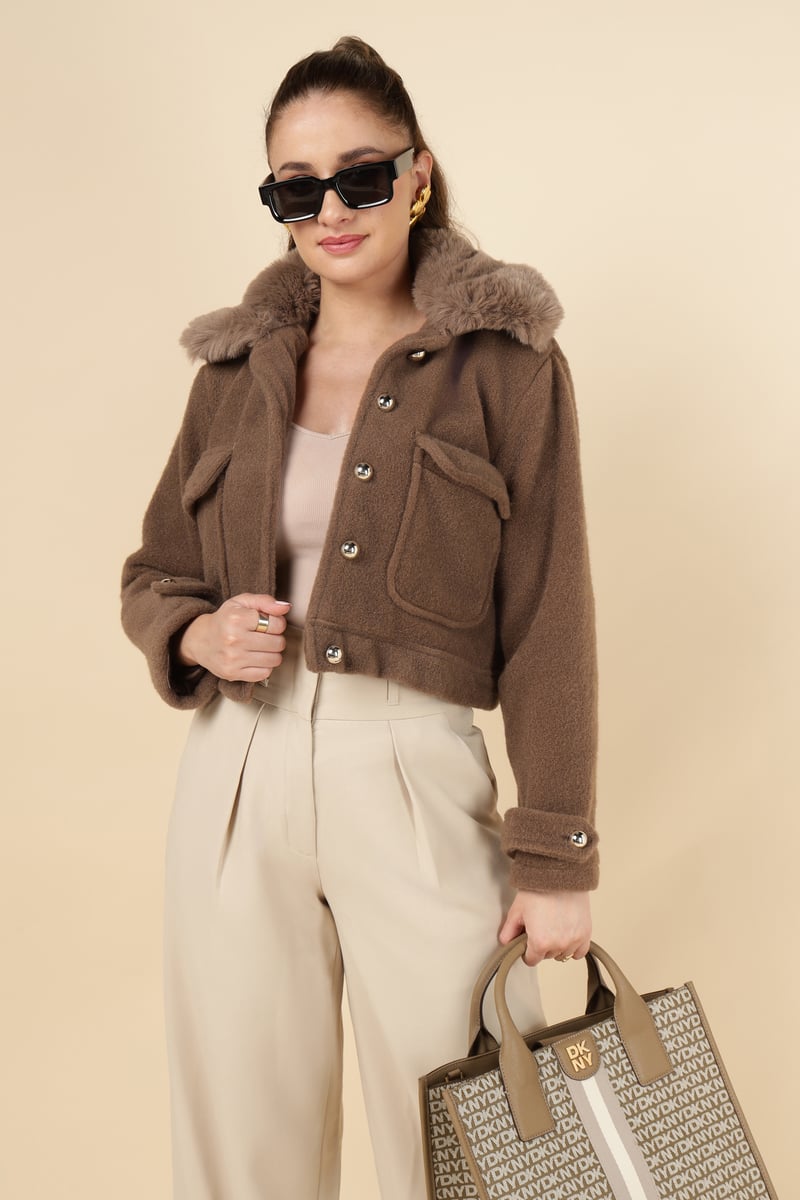 Taba Brown Cropped Jacket with Faux-Fur Collar