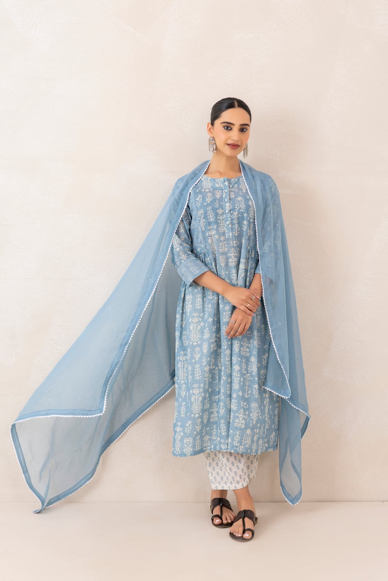 Baby Blue Floral Printed Cotton Slub Kurta Set with Dupatta