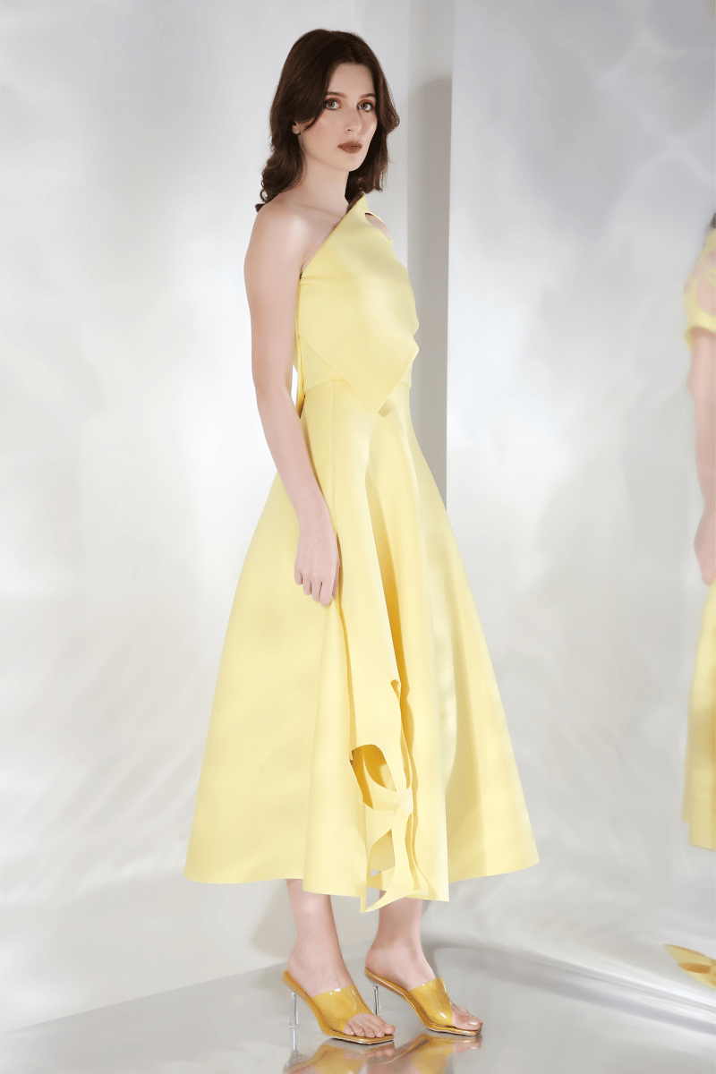 Light Yellow One-Shoulder Cutwork Fit and Flare Midi Dress
