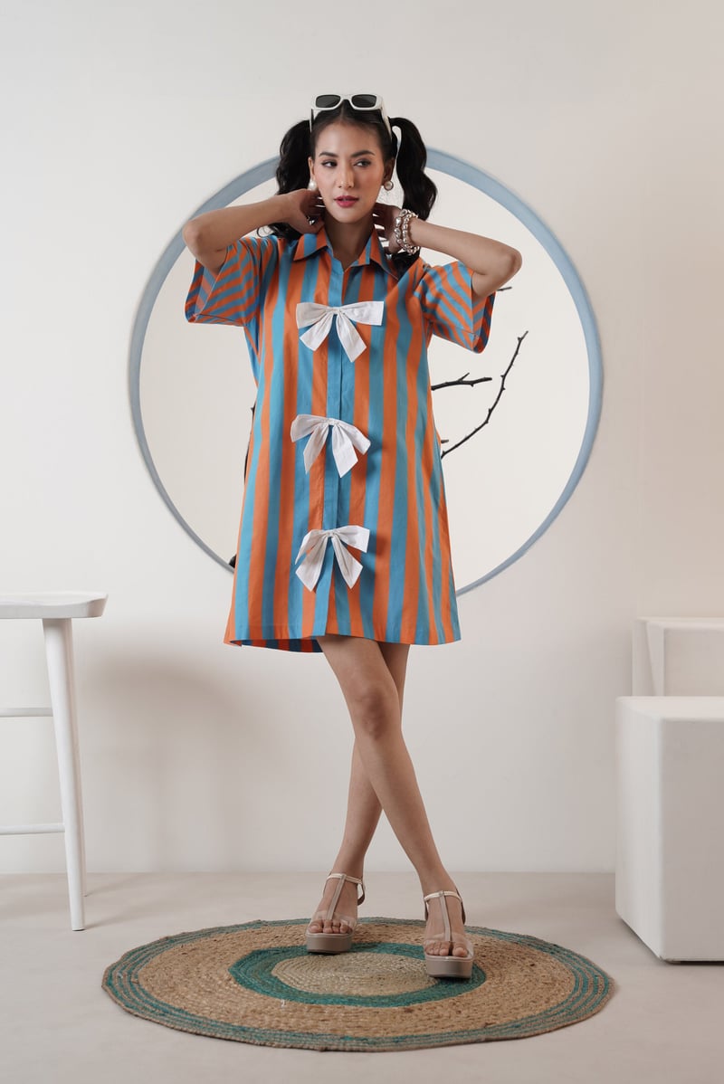 Blue and Orange Striped Mini Shirt Dress with Bow Detail