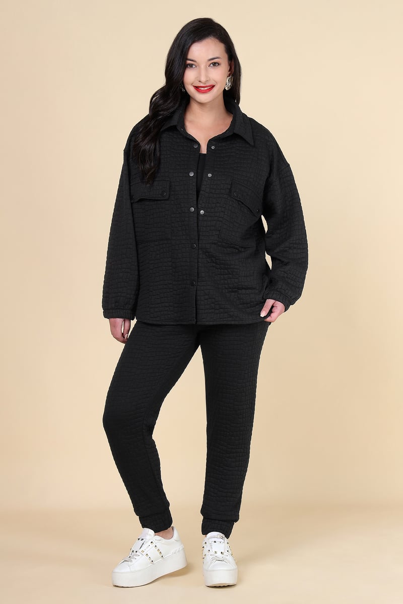 Black Quilted Shirt Jacket and Tapered Pants Co-ord Set