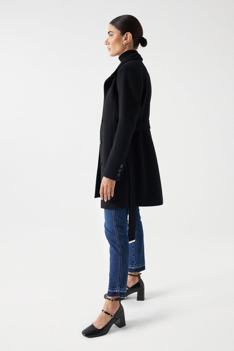 Black Tailored Wool-Blend Belted Coat