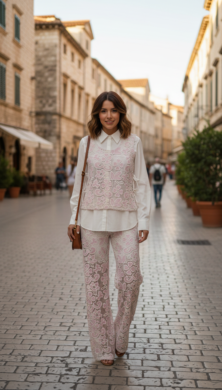 Pink and Off-White Lace Shirt and Wide-Leg Co-ord Set — DODO & MOA