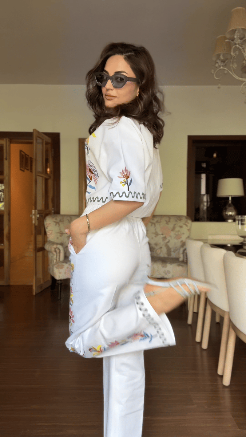 White Denim Embroidered Co-ord Set with Crop Jacket