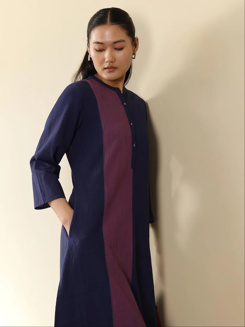 Linen Blend Colourblock Kurta - Navy Blue
