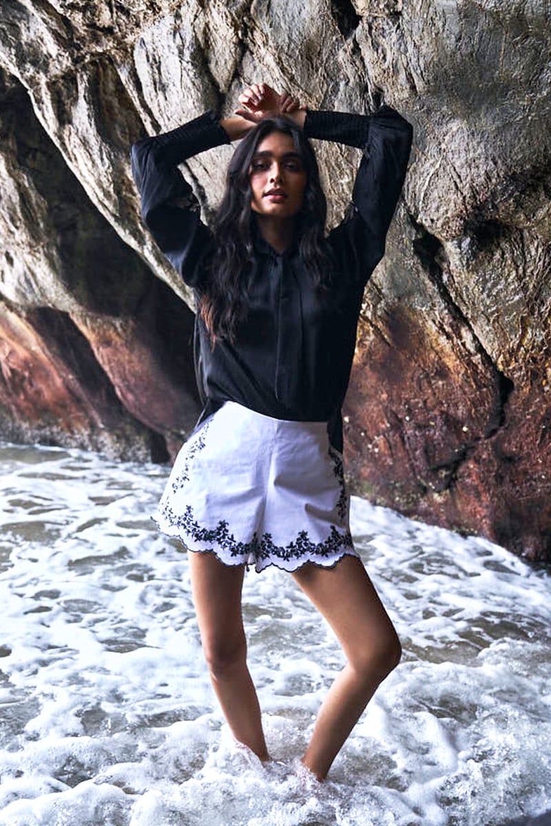 White Denim Shorts with Contrast Embroidered Scallop Hem