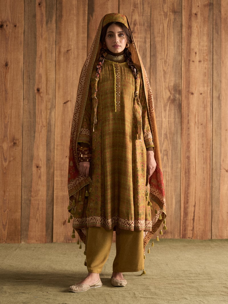 Green Printed A-Line Kurta Set with Dupatta