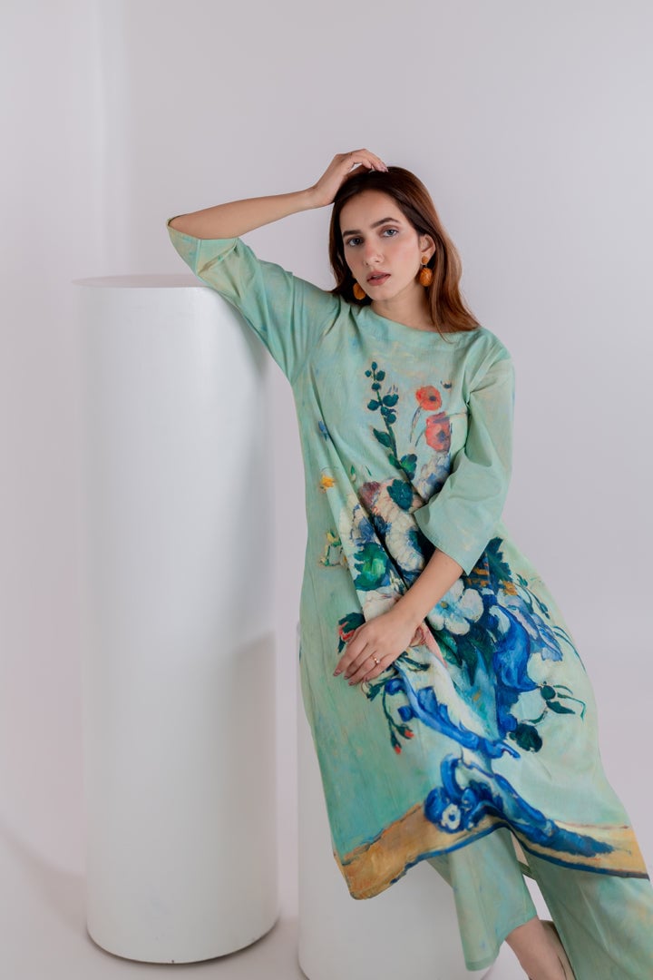 Aqua Green Printed A-Line Kurta and Pant Set