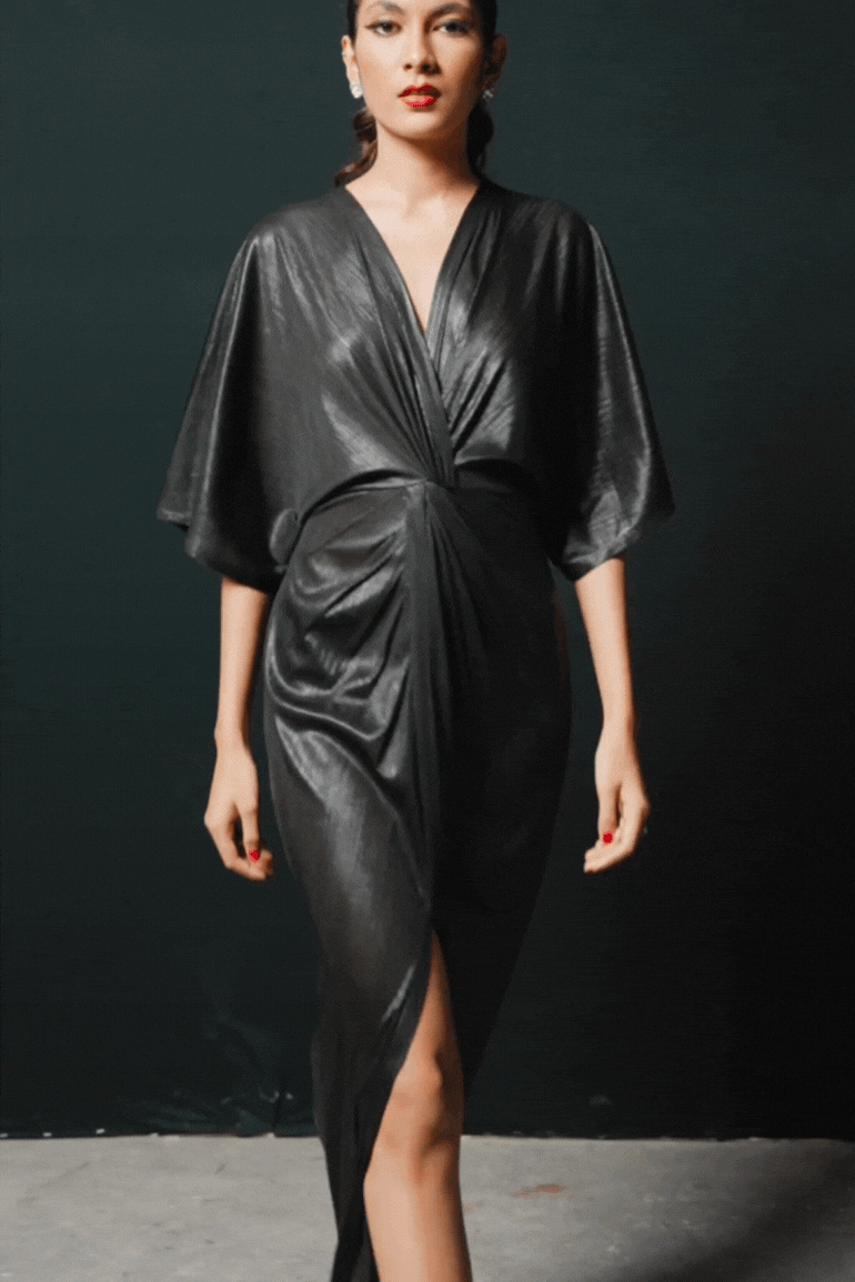 Black Lamé Draped Maxi Gown with V-Neck and Front Slit