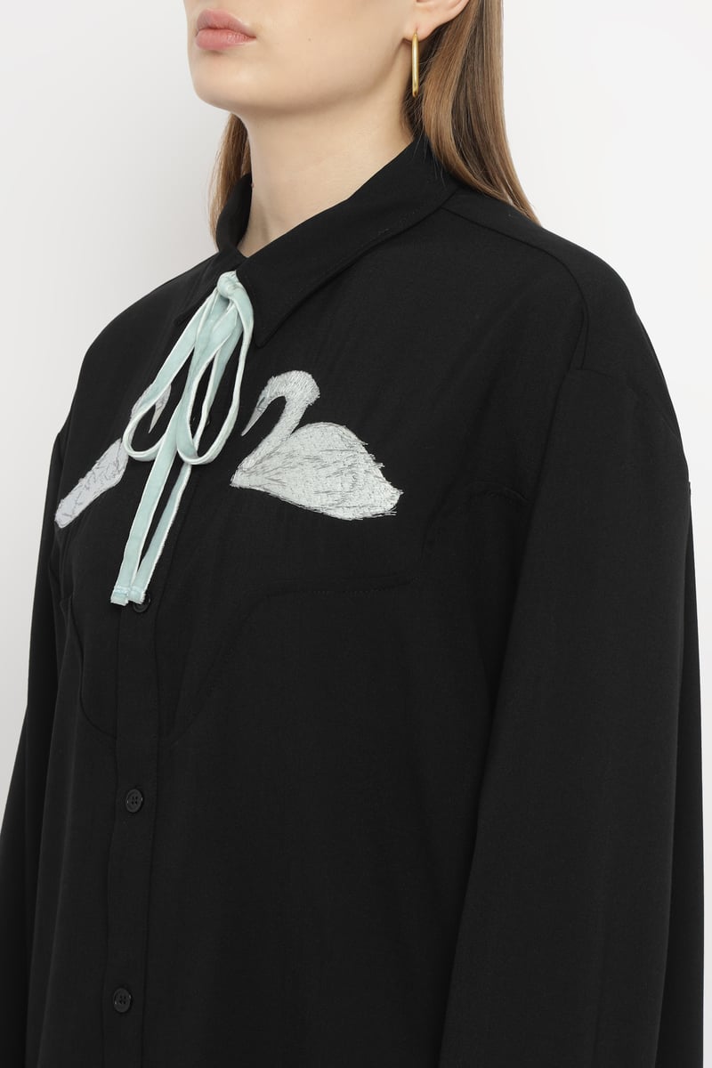 Black Oversized Swan Embroidered Shirt with Satin Necktie
