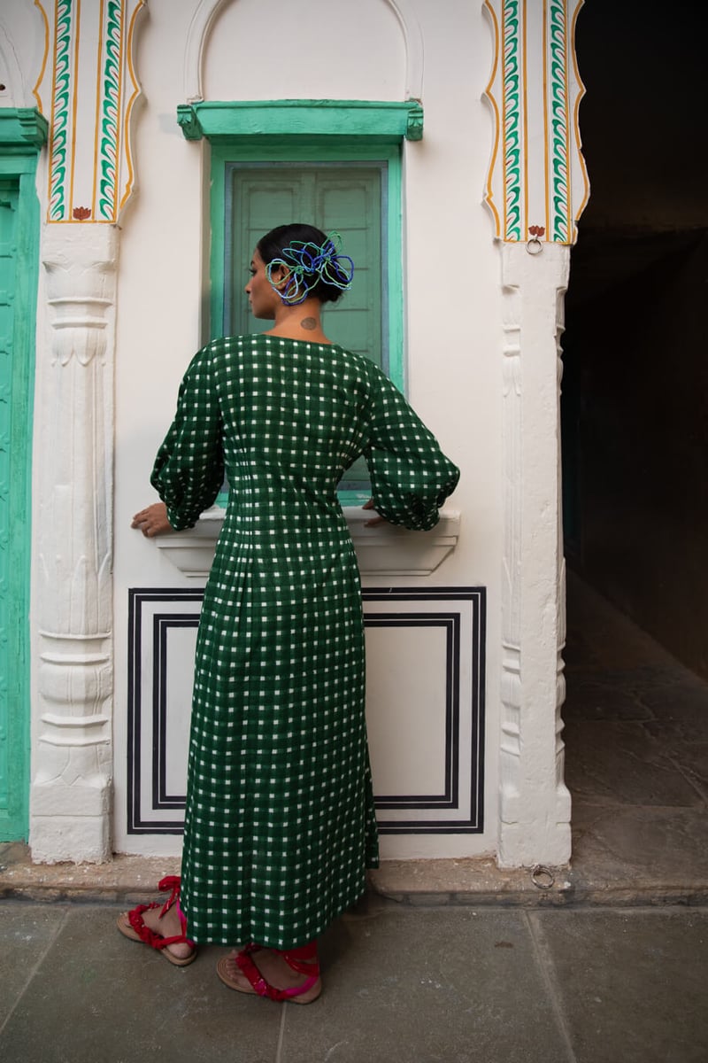 Green Checked Fit and Flare Midi Dress