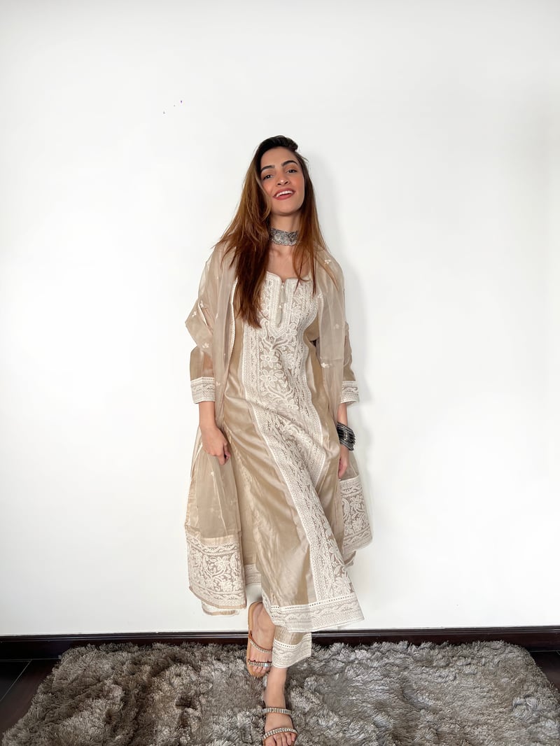 Beige Chanderi Silk Embroidered Kurta Set with Dupatta