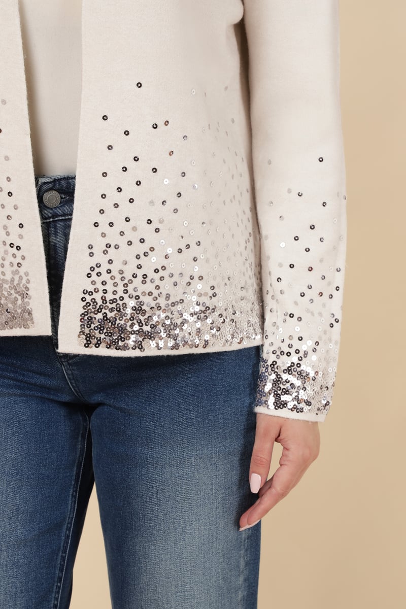 Ecru Sequin Hem Fine-Knit Cardigan